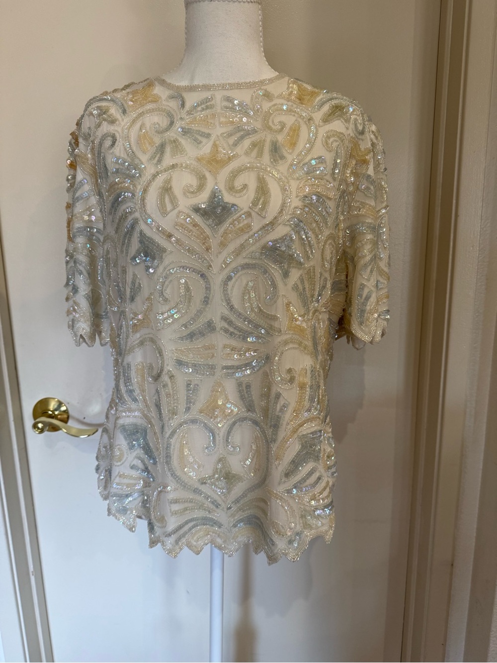 Scala Ivory Sequin Beaded Short Sleeve Top with Gold Accents